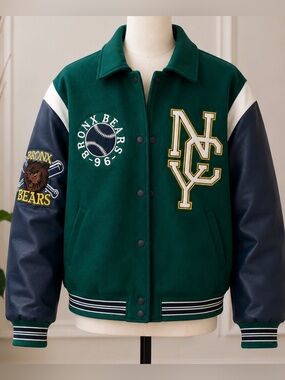 Divided Green & Navy Varsity Jacket with White Accents